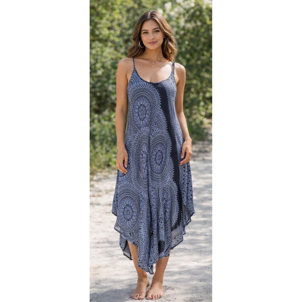 India Boutique Blue Mandala Handkerchief Hem Midi Dress Womens Boho Summer Rayon